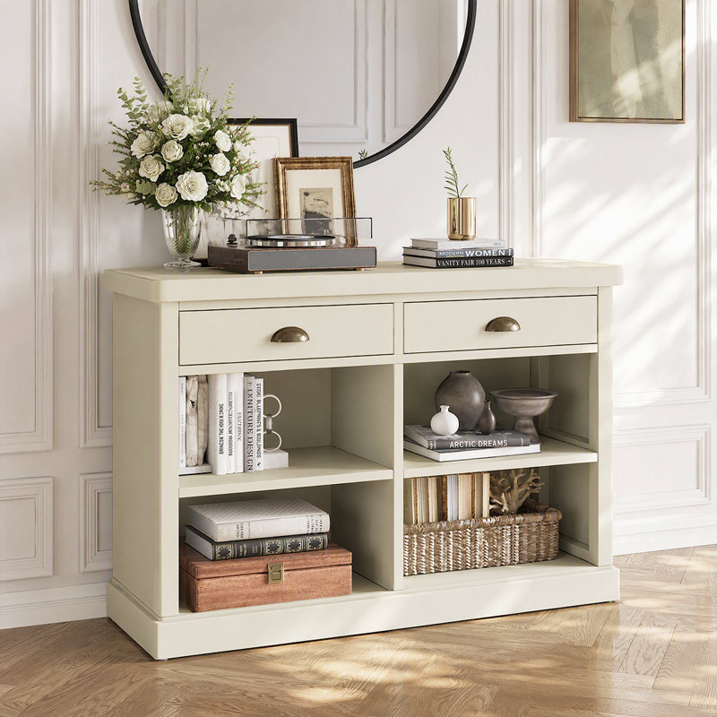 Console polyvalente avec tablettes ouvertes et tiroirs de rangement cachés - Table d'entrée de style campagnard, off-white