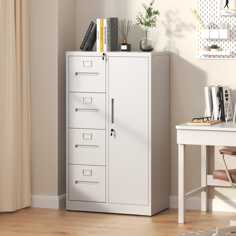 Makeace 4-Drawer Metal Vertical Filing Cabinet with Lock | Home Office Storage Cabinet for Hanging Legal/Letter/A4 Files with Lockable Door, White,Assembly required