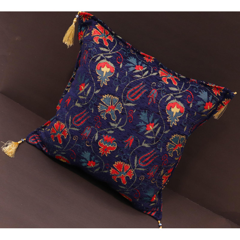 Navy Blue Chenille Turkish Decorative Throw Pillow with Tassels