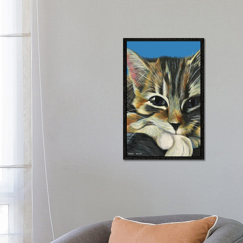 Tabby On Blue by Kirstin Wood - Painting on Canvas, 66.04 cm H x 45.72 cm W, Black Framed Canvas