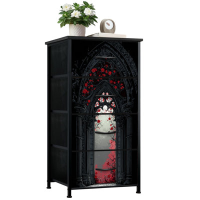 4 Drawer Vertical Storage Dresser Victorian Gothic Marble Cathedral Roses Crimson Fog Art with Wood Top Fabric Pull Drawers