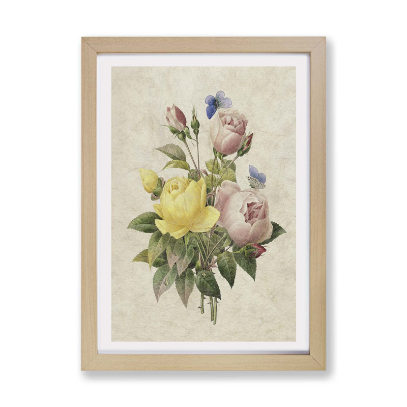 'Roses & Butterflies' by Pierre - Joseph Redoute - Picture Frame Painting Print on Paper, 45cm H x 63cm W x 2cm D, Oak