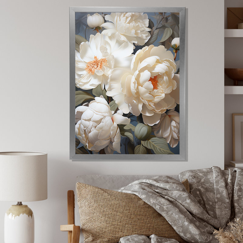 «Beige Fragrant Peony Bliss I» sur toile, Cadre photo argenté, H 32 po x l 24 po x P 1 po