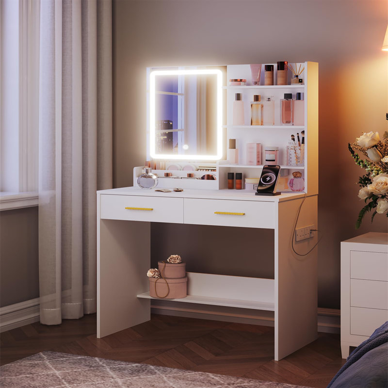 Dressing Table With LED Light, 2 Sockets And 2 USB Ports Dressing Table With 2 Drawers And 4 Open Shelves