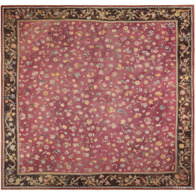 One-of-a-Kind Rectangle 14'3" X 14'8" 1900s Wool Area Rug in Pink/Brown/Yellow