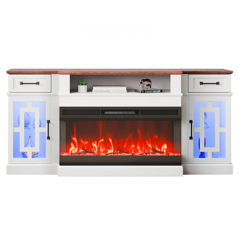 80 in Fireplace TV Stand 20 LED Lights Remote Control & Timer, White/Brown