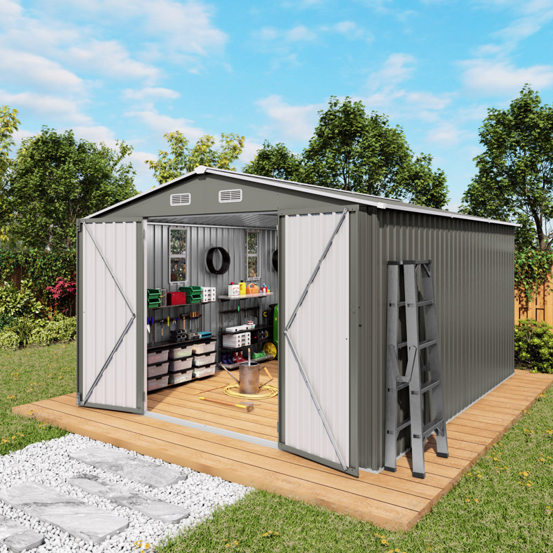 10x12ft Outdoor Storage Shed With Double Door And Vent Windows, Multi - Purpose For Backyard Poolside Large Metal Garden American Design Patio Organization