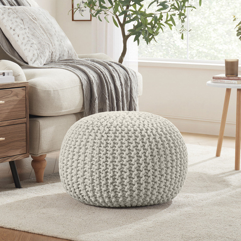 100% Cotton Hand Knitted Pouf Ottoman, Ivory