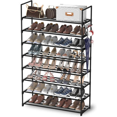 8 Tiers Metal Shoe Rack,adjustable Shoe Shelf Storage Organizer With Hooks,stackable Boot & Shoe Storage,for Entryway,hallway,closet,black