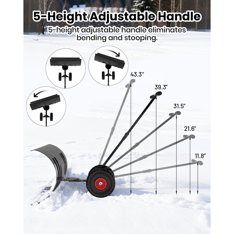 Heavy Duty Steel Snow Pusher Shovel with 5 Height Adjustable Handle, All Terrain Non Slip Wheels, Adjustable Angle for Snow Removal, 29inch, Single Rod