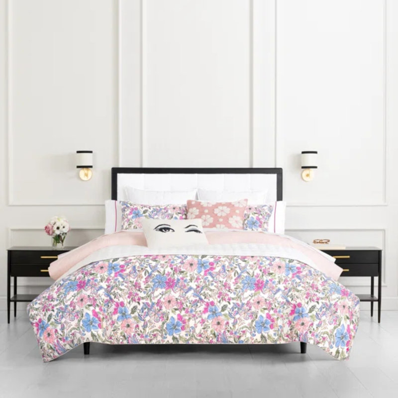 kate spade new york Fall Poppies Twin Comforter Set, 100% Cotton, All Season 2 Piece Reversible Bedding Set, White and Garnet