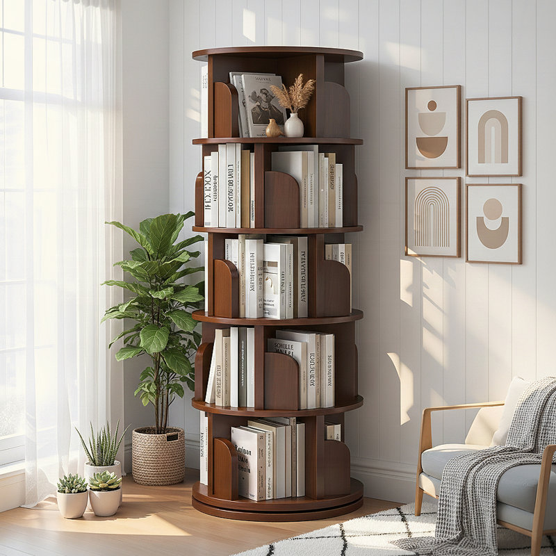 5 Tier 360° Rotating Bookshelf Tower - Space-Saving Round Spinning Display Shelf for Bedroom/Living Room/Office/Home, Walnut