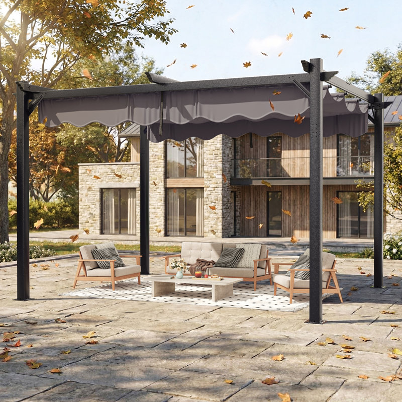 12 ft. W x 10 ft. D Outdoor Aluminum Pergola with Retractable Canopy and Anchoring Base