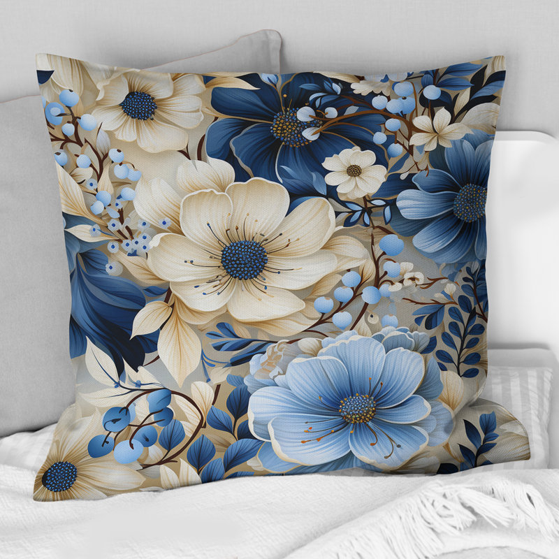 Motif de faune blanche et bleue Ranunculus II - imprimé floral, H 16 po x l 16 po