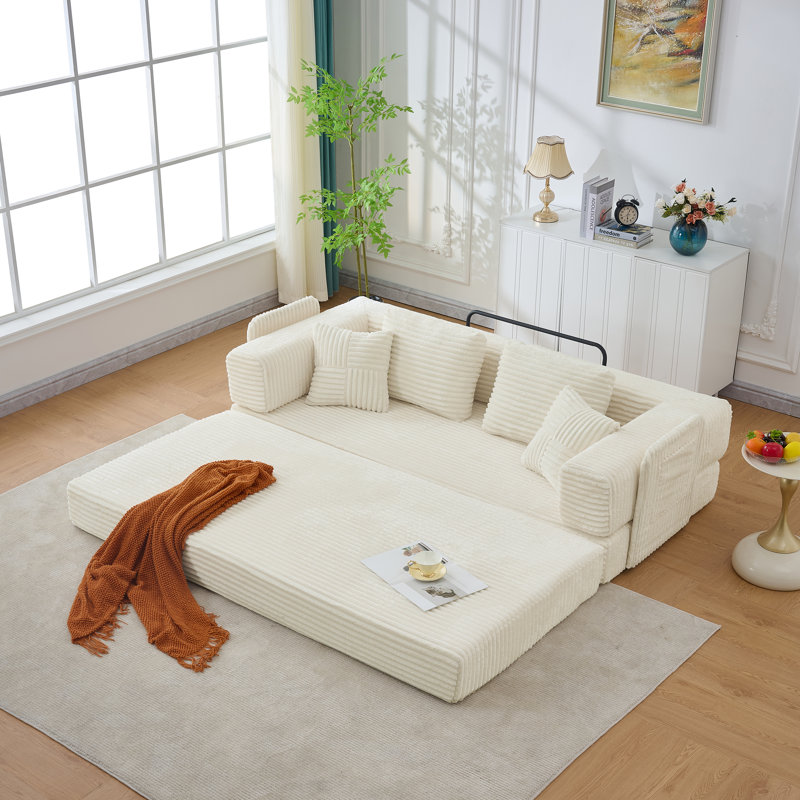 Boneless 79.5" Convertible Sleeper Sofa Corduroy Upholstered Sofa Bed Foldable Floor Couch Daybed with 4 Pillows & Storage Pockets - No Assembly