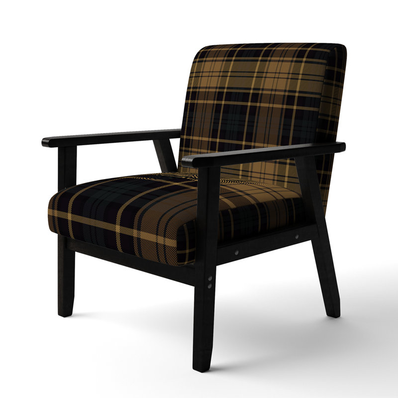 'Fetullah Green And Orange Checked Tartan - Upholstered Patterned Accent Arm Chair, Brown/Black, Black