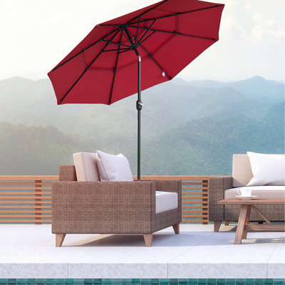 Parasol de patio 9 pi, rouge vin Mécanisme simple à manivelle et inclinaison. Idéal pour la terrasse, la cour ou la pelouse. 3 avec évents. Parasol. Parasol d'extérieur robuste en acier à 3 poteaux, rouge