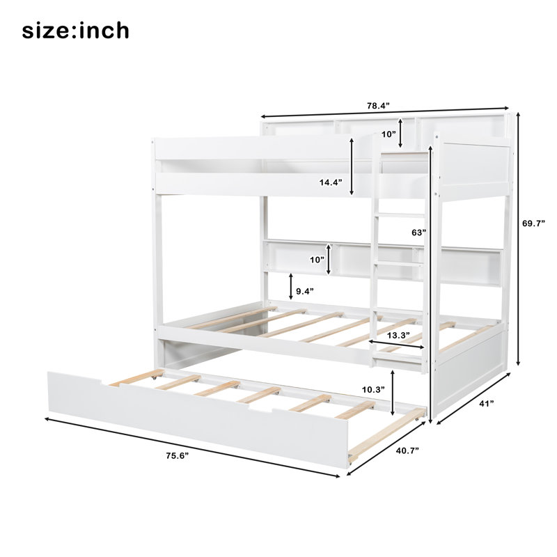 Twin  over twin bunk bed with trundle, White, White