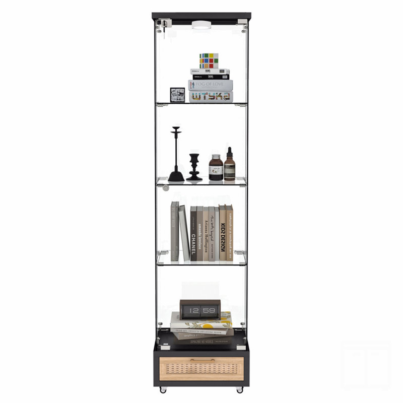 Modern Glass Display Cabinet With Drawer , Antique Cabinet With Led Lights, Tempered Glass Bookshelf,  1-Door Storage Case With 4 Shelves