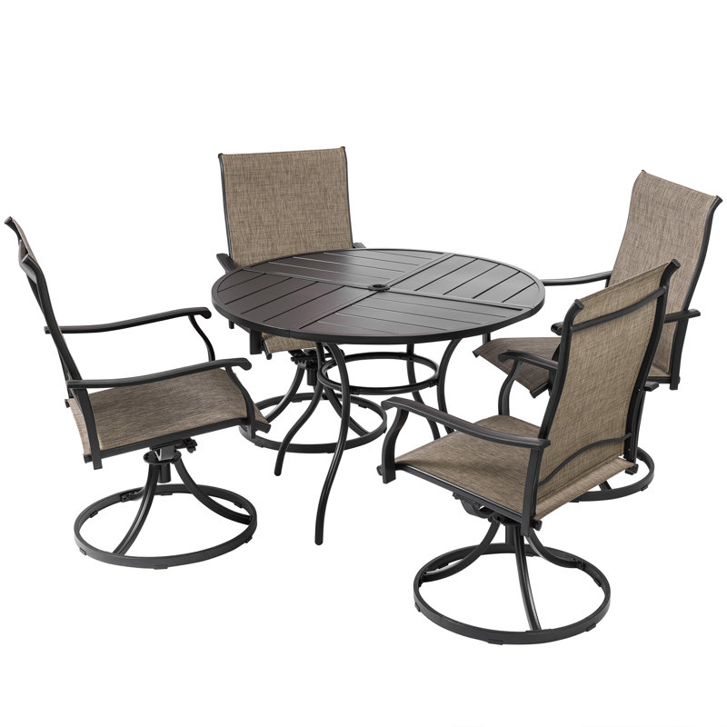 Ensemble de salle à manger 5 pièces pivotant pour l'extérieur, table de salle à manger ronde 41,4 po avec trou pour parasol et 4 chaises pivotantes en textilène