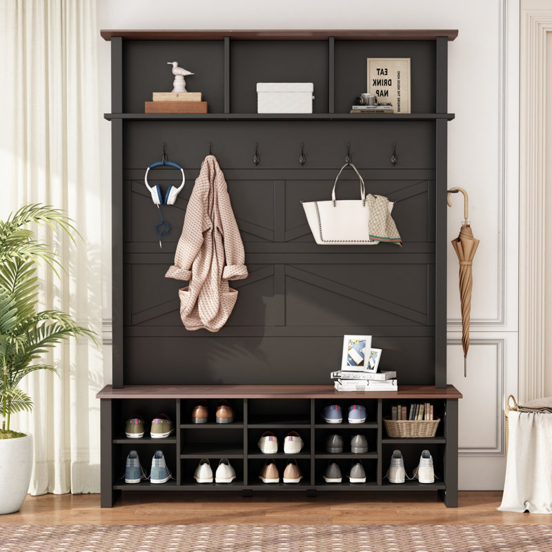 Black Farmhouse 4-In-1 Hall Tree With Hooks