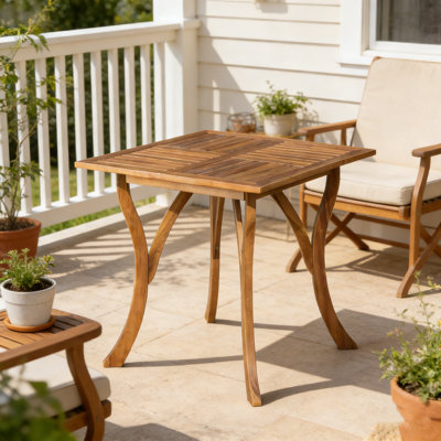 31.5”W x 31.5”D Teak Outdoor Square Table with Curved Legs and Perpendicular Wooden Slats