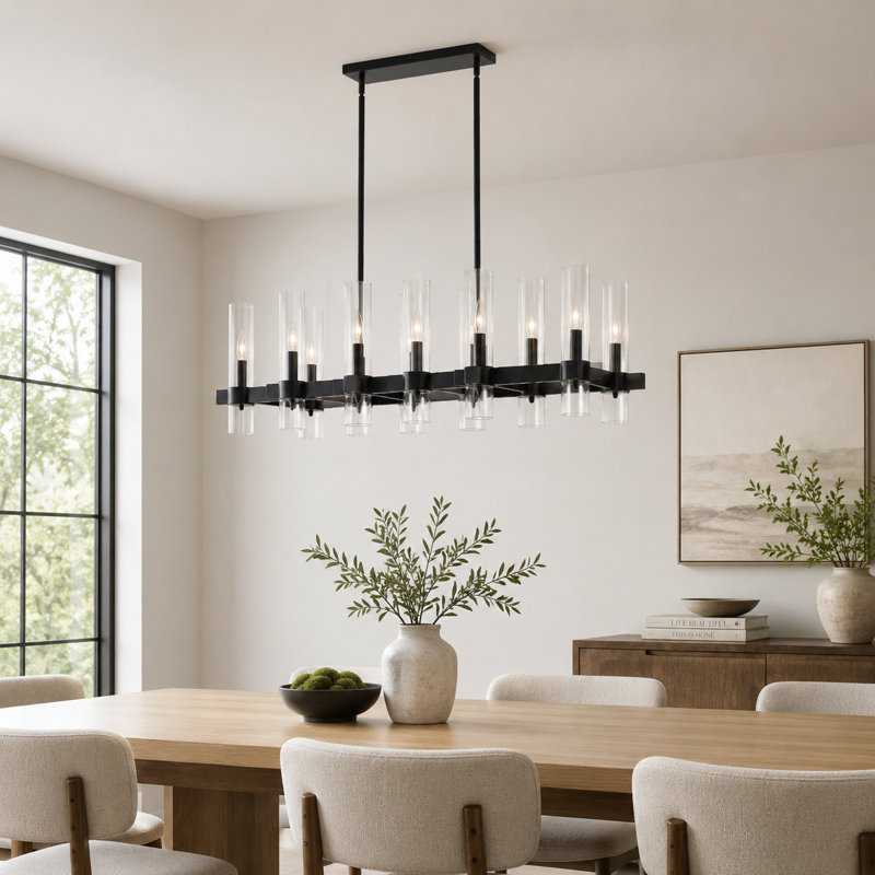 47 Inch 12-Light Modern Farmhouse Linear Chandelier with Clear Glass Shades, 79.9" H x 47" W x 11" D