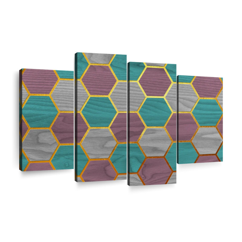 Motif hexagonal abstrait géométrique sur toile, 4 pièces, H 14 po x l 24 po x P 1 po
