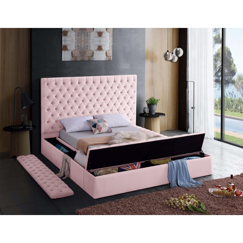 Lit plateforme tapissier avec rangement Johnnay, Double, Velours rose