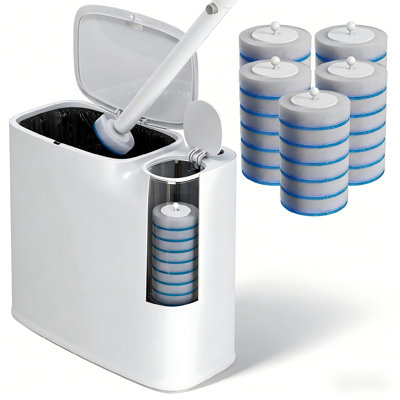 White Plastic Mini Trash Can With Toilet Cleaner Stick Brush Holder 36 Refills 2 Gallon Pop-Out Lid