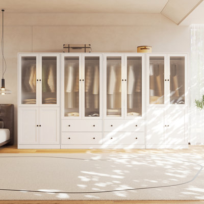 20"D x 126"W x 71"H Modern Armoire With Soft-Close Doors — Fluted Glass Wardrobe Closet With Shelves & Drawers by Latitude Run