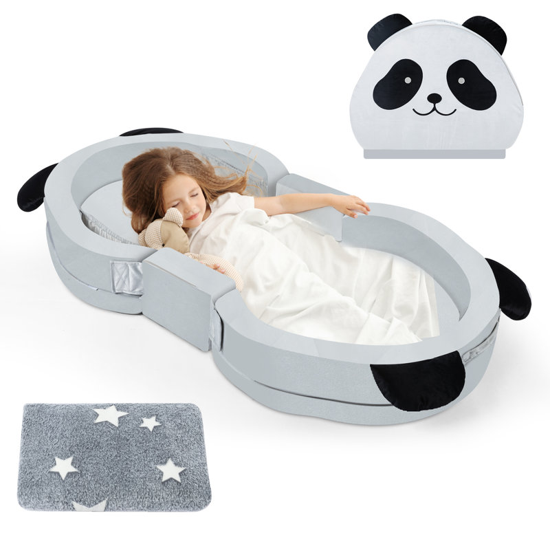 KIPU Foldable Toddler Travel Bed, Portable Floor Bed for Kids with Washable Cover, Toddler Cots for Sleeping with Adorable Panda Design, No Assembly Required, Easy to Carry, Gray