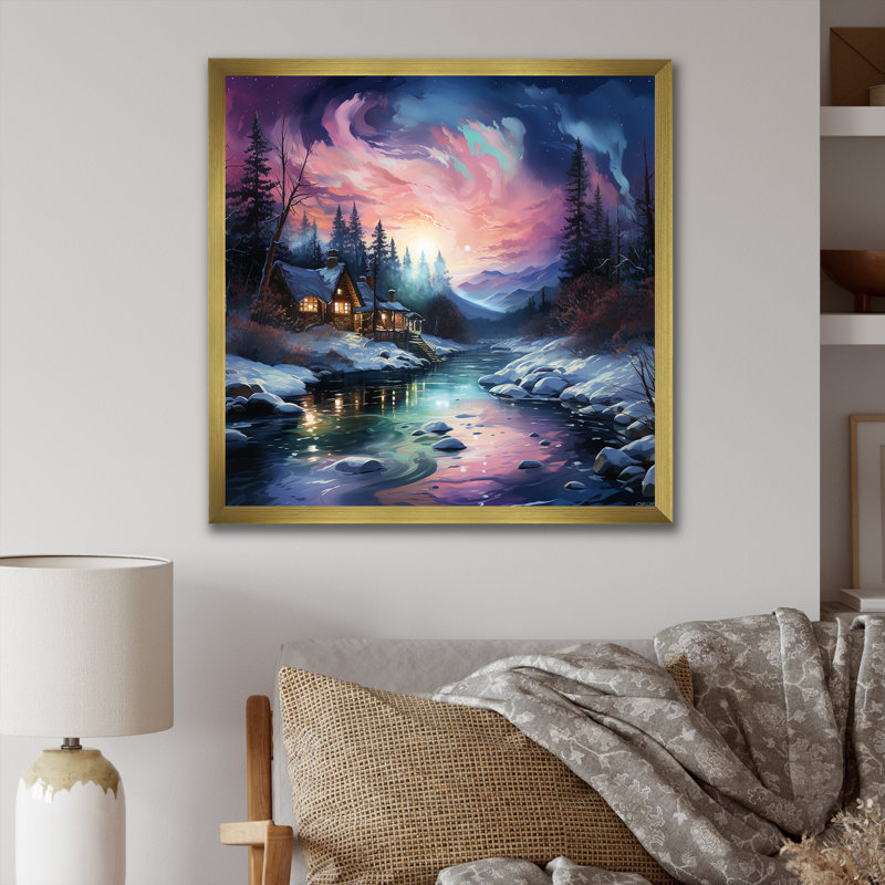 Aurore boréale, paysage d'hiver, Encadrement doré, H 24 po x l 24 po x P 1 po