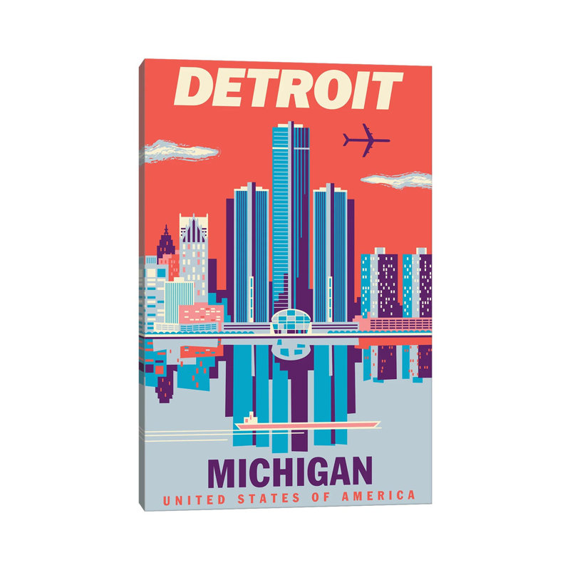 Detroit Travel Poster 2 1 Piece Wrapped Canvas Wall Art, 30.48 cm H x 45.72 cm W