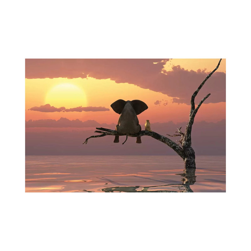 Elephant And Dog Sit On A Tree During A Flood by Mike Kiev - Print on Canvas, 30.48 cm H x 45.72 cm W, Wrapped Canvas