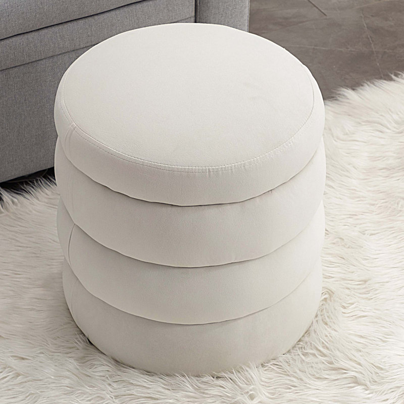 Soft Round Ottoman Footrest Stool, Ivory Velvet