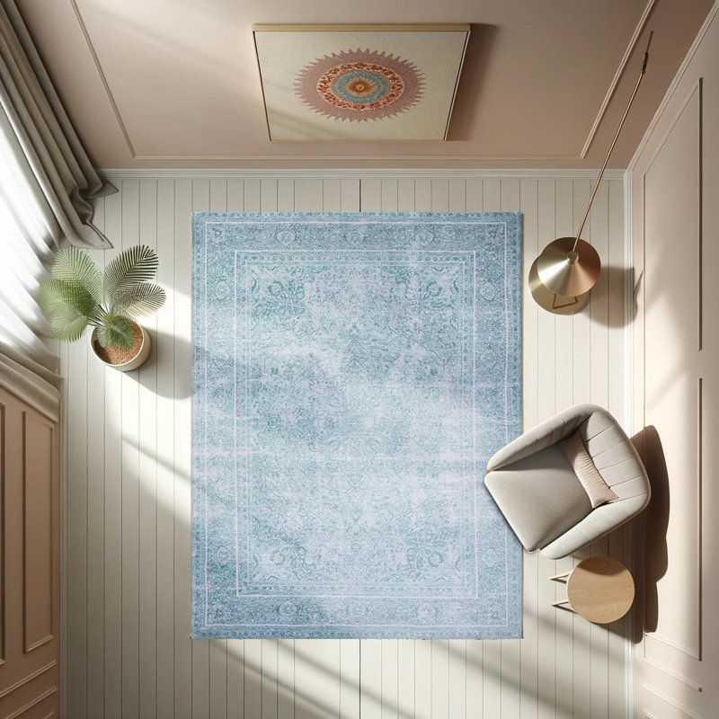 Tapis oriental décoratif bleu, Rectangle 3 pi 10 po x 5 pi 3 po