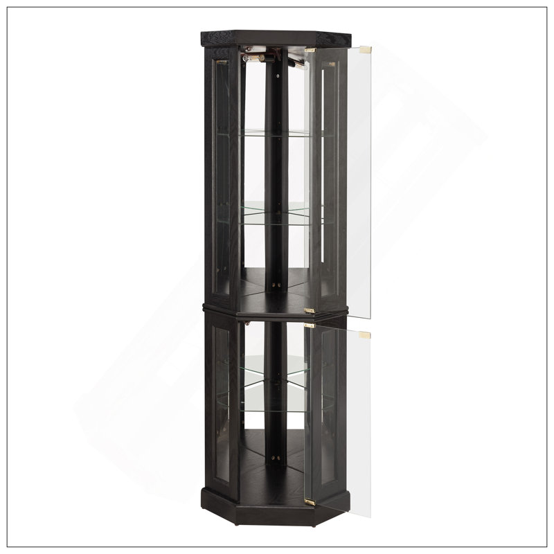 Lighted Corner Curio Cabinet - Display Case For Living Room, Antique Collectibles, Wine & Bar Glass Storage - Elegant Corner Design With Lights Included-BLACK