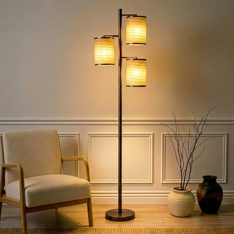 Liam 74 in. Mid-Century Modern 3-Light LED Floor Lamp with Fabric Drum Shades, Bronze