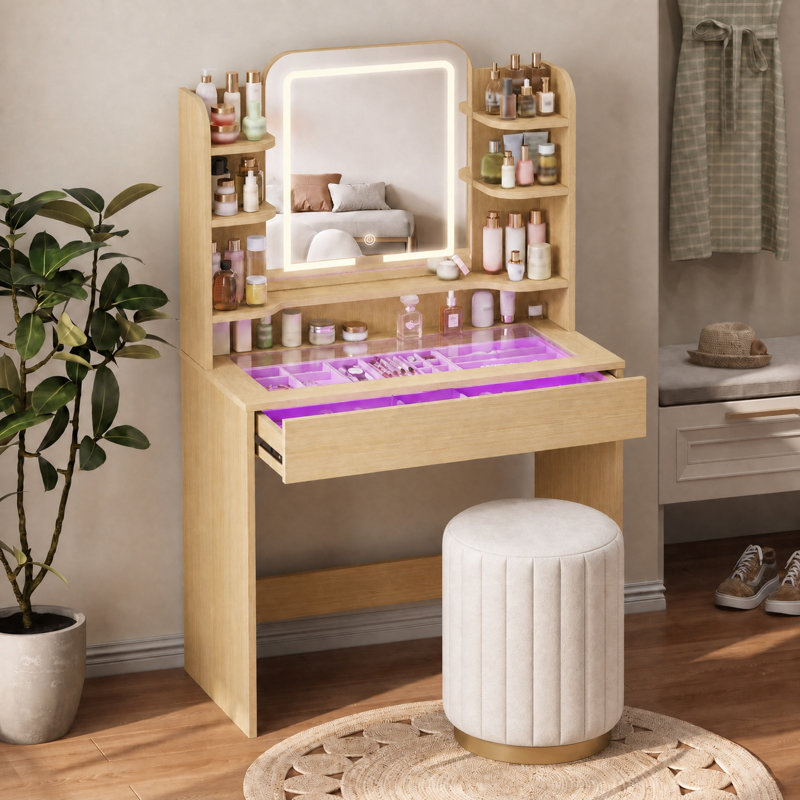Petite table de coiffeuse avec plateau en verre trempé, miroir à 3 couleurs DEL et tiroir intelligent RVB, application et télécommande, mode pulsation musicale de plus de 6 000 couleurs