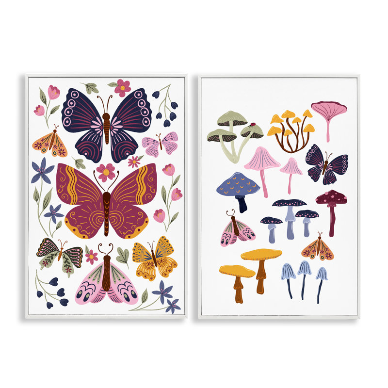 Ensemble de 2 giclées encadrées avec papillons et champignons délicats, design par JJ Design House LLC, H 24 po x l 16 po