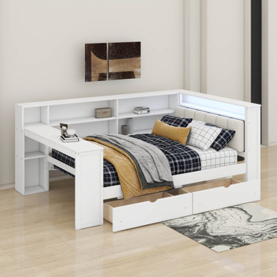 Daybed With Storage Shelves, Drawers, Desk And Upholstered Headboard, Wooden Platform Bed With Charging Station, LED