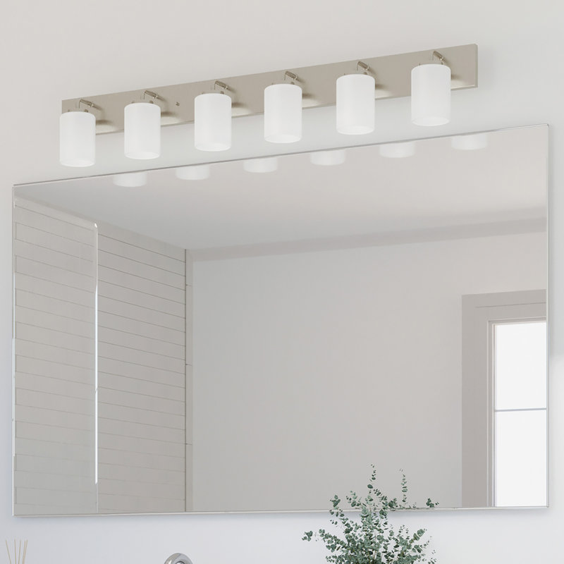 6-Light Brushed Nickel Vanity Light with Etched Glass Shades, Brushed Nickel