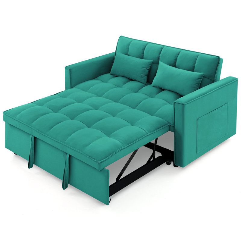 Lit polyvalent de 54,33 pouces, 3 choix de longueur. Lit escamotable moderne en velours avec dossier réglable. Pour une sensation de bien-être. Coutures fines. Options. Tissu doux et pieds en plastique. 2 coussins. Salon