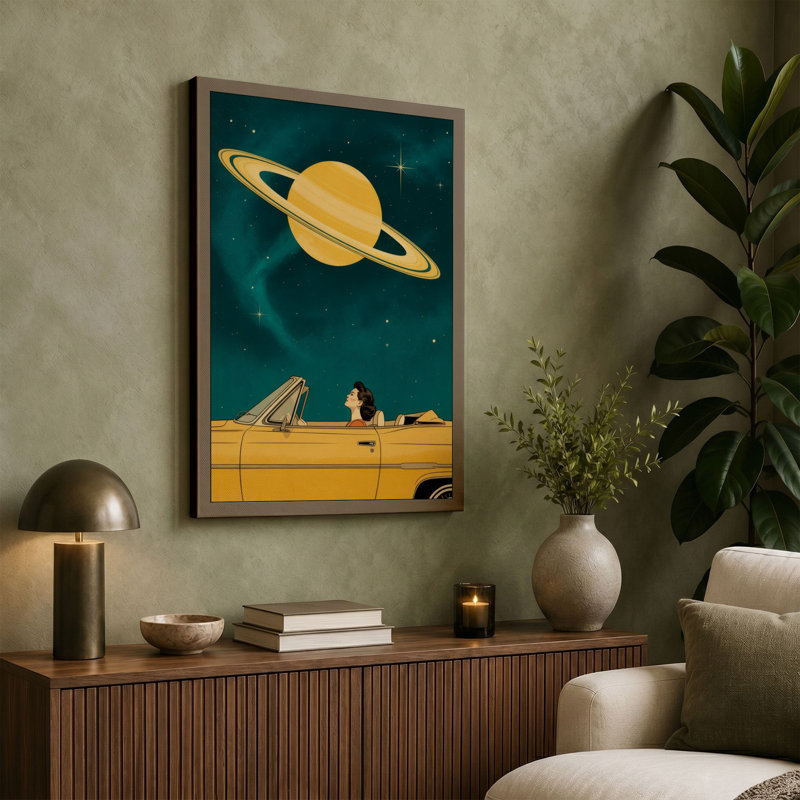 Saturn and the Yellow Convertible Retro - Wrapped Canvas, 18x12 - 45.7 x 30.5 cm, Cream Border
