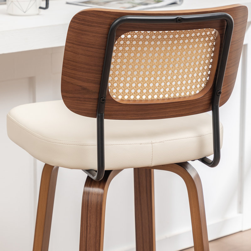 Cane Back Swivel Bar Stools with Faux Leather Seat, Bar Stool (30.7" Seat Height), Beige
