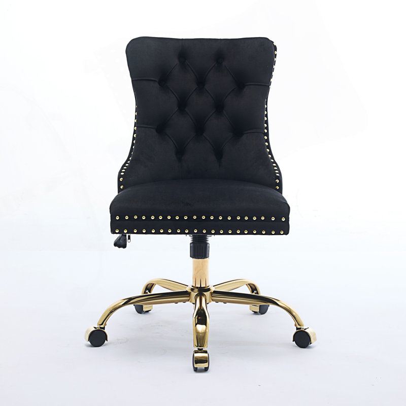 Chaise de bureau moderne rembourrée capitonnée avec base en métal, Velours, Noir