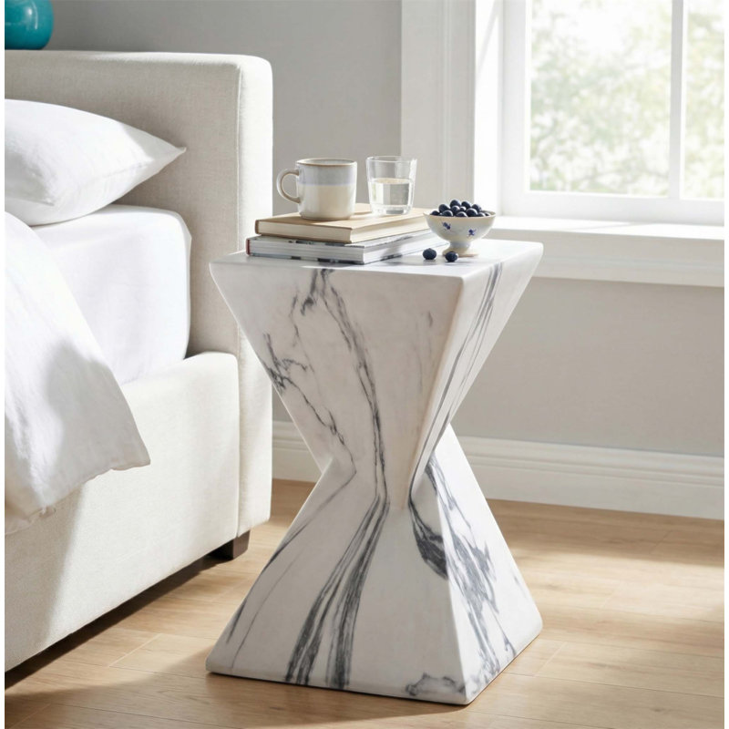 Table d'appoint 18,5 po en béton cannelé moderne, table d'appoint géométrique en faux marbre résistante aux intempéries pour patio et jardin
