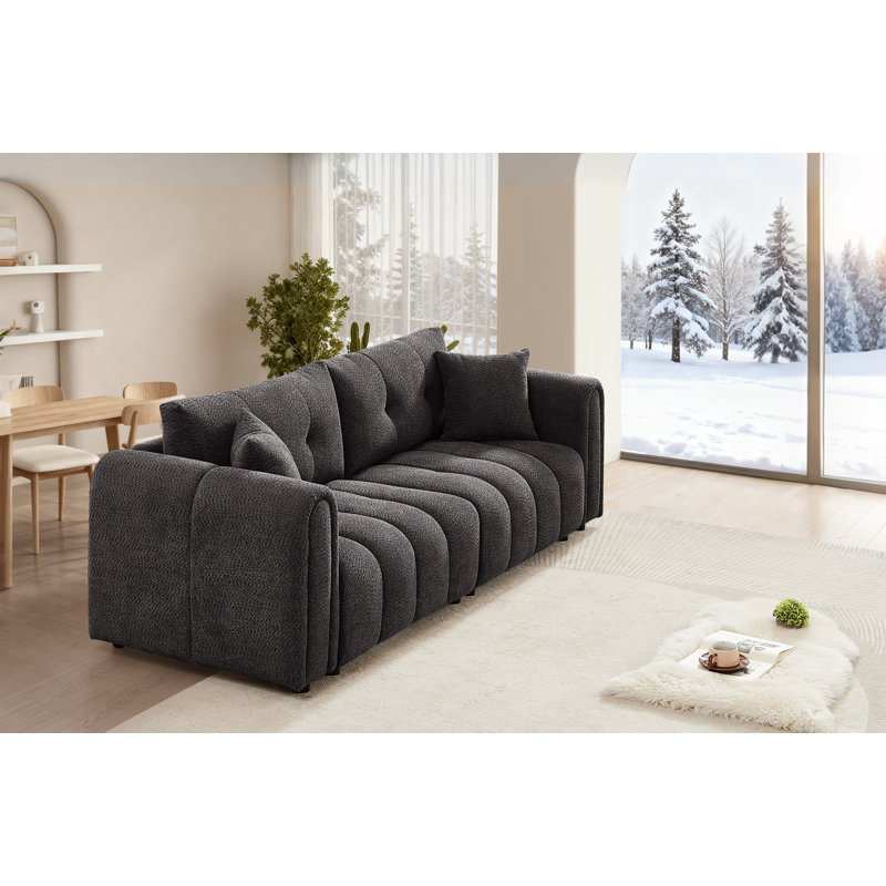 91.5" Gray Chenille Modern Tufted Sofa, Upholstered Living Room Couch with 2 Throw Pillows, Cloud Sofa for Apartment, Bedroom, Office