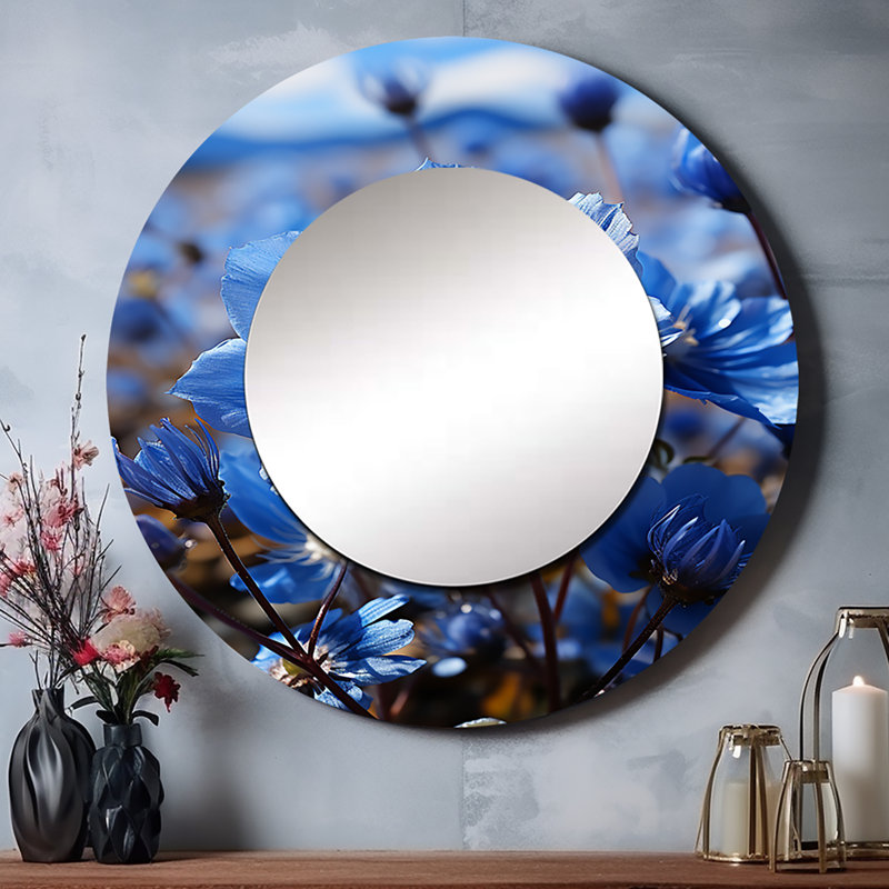 Blue Flower Cobalt Delight - miroir décoratif floral, miroir mural rond bleu, impression d'art en métal, 36 po x 36 po